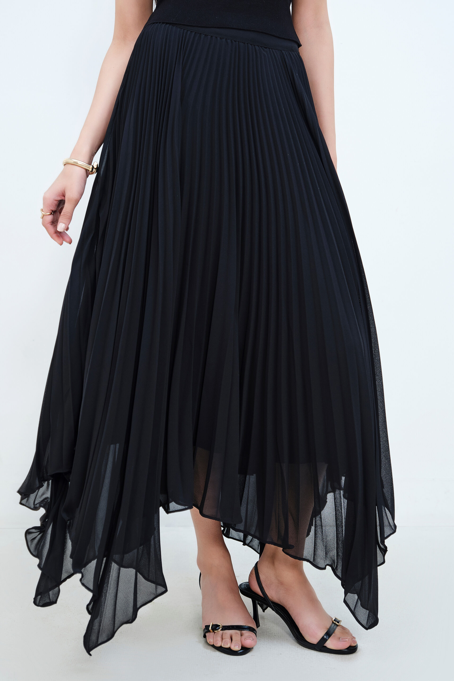 Black Handkerchief Pleated Skirt, Black, image 1